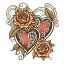 2 sketchy joined heart shapes realistic teardrops filled with tiny feetprints surrounded by realistic roses  tattoo design idea