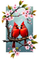 two cardinals perched on a single akebono cherry blossom branch, facing each other in an intimate pose tattoo design idea