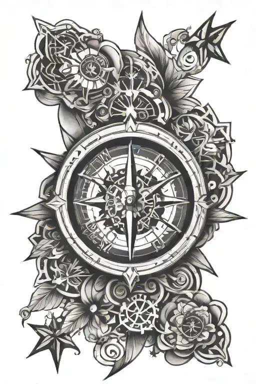 compass surrounded with stars and geometric designs and a clock incorporated into it tattoo design idea