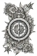 compass surrounded with stars and geometric designs and a clock incorporated into it tattoo design idea