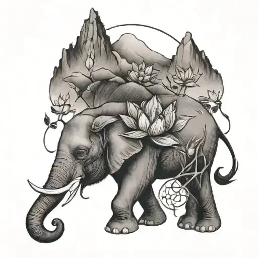 Elephant,lotus flower, thorns, mountain tattoo design idea