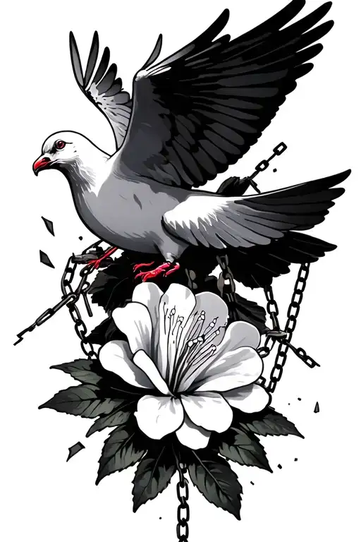 Azalea with dove flying above leaving chains broken behind tattoo design idea