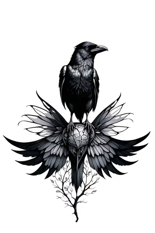 1 black crow earthy feminine fairy wings in tree tattoo design idea