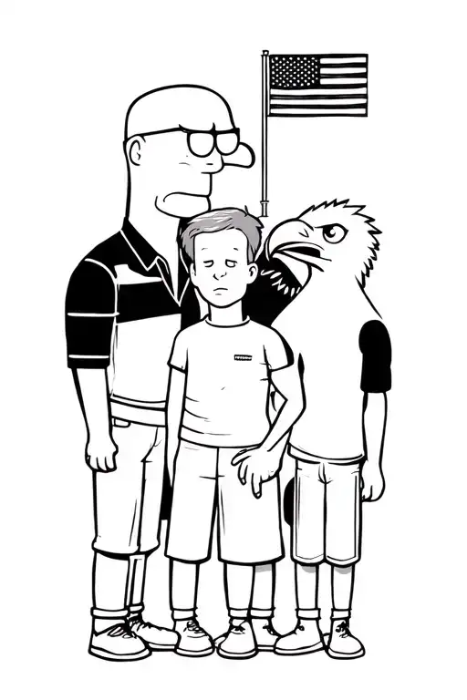 American dad and two sons with bald eagle and American flag tattoo design idea