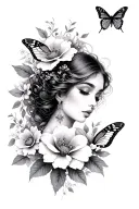 lady flowers butterfly surrounded tattoo design idea