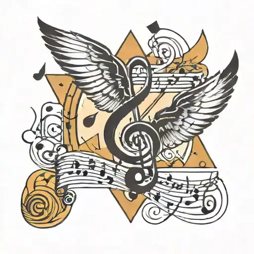 music note with triangles and bird flying tattoo design idea
