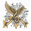 music note with triangles and bird flying tattoo design idea