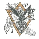 music note with triangles and bird flying tattoo design idea