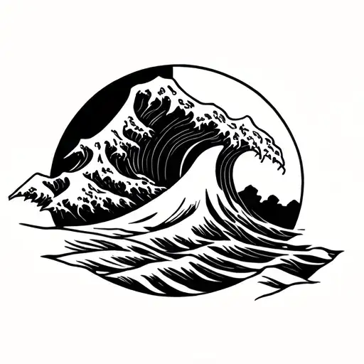 mountain wave sun broken surfboard minimalist tattoo design idea