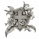 basic wooden cross, small roses, tulips, dafodils,  dasies growing, the birth stones of march, april, june and october tattoo design idea