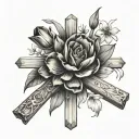 basic wooden cross, small roses, tulips, dafodils,  dasies growing, the birth stones of march, april, june and october tattoo design idea