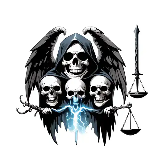 skull with lighting running through it. on skulls holding scale and sword. angel of death in black hood.  tattoo design idea
