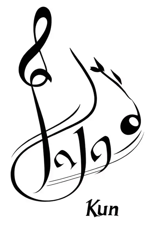 music symbol with a kathak ghungroo and the Arabic word Kun mixed together tattoo design idea