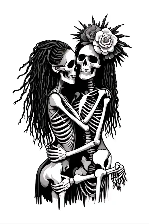 skeleton couple embracing the female skeleton is dia de los muertes and male skeleton is voodoo doctor with dreads tattoo design idea