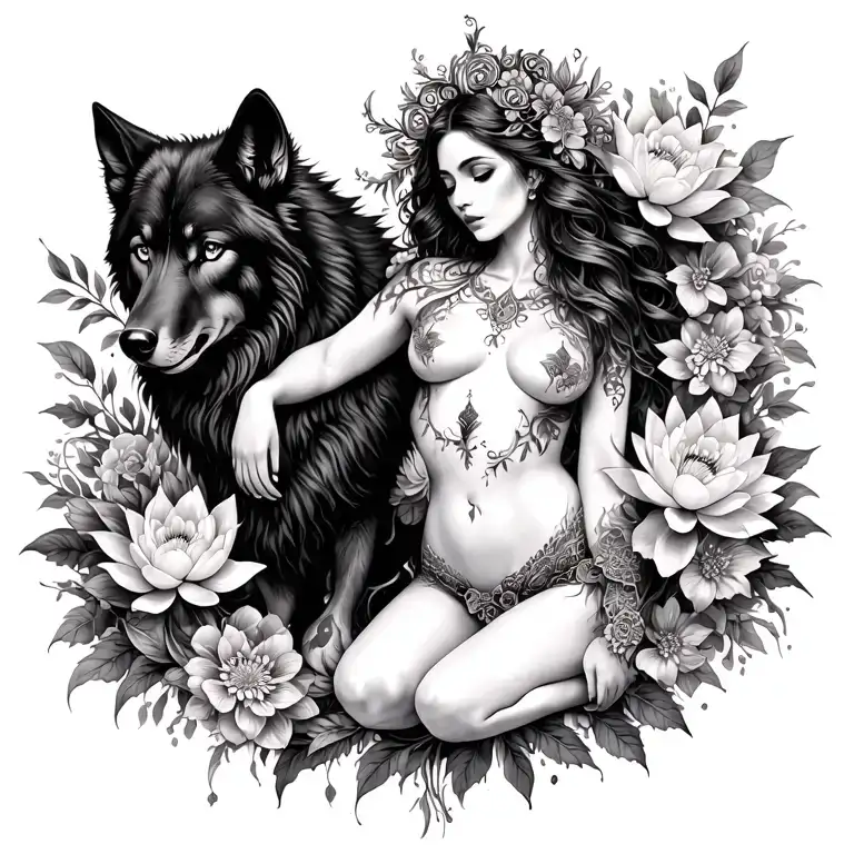 Aries sexy goddess surrounded by poeny and lotus flowers and black wolf  tattoo design idea