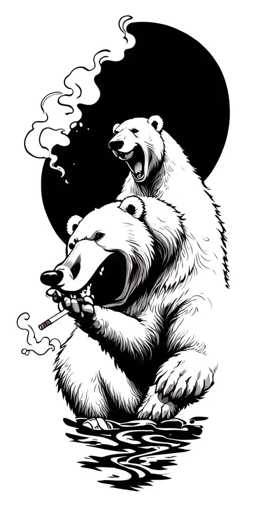 create an irezumi with a polar bear smoking a ciggerette smiling down as its entering the afterlife. tattoo design idea