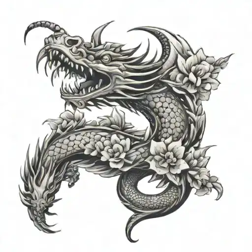 dragon swirling around a japanese temple with purple flowers tattoo design idea