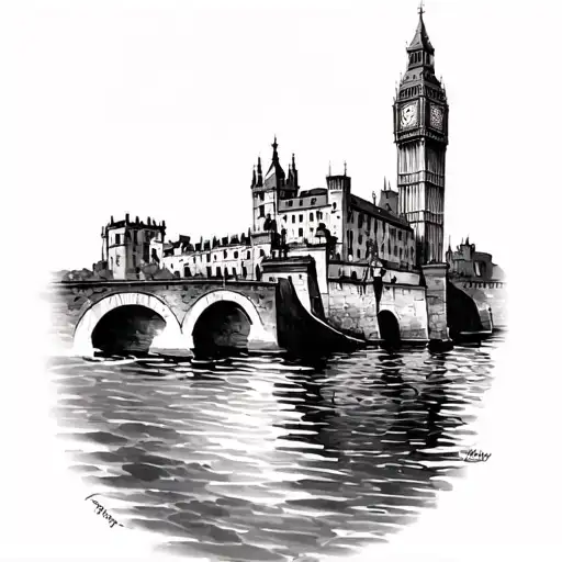 Create a tattoo that incorporates water, portgual palaces, Dubrovnik city wall, and big ben tower in london.  tattoo design idea