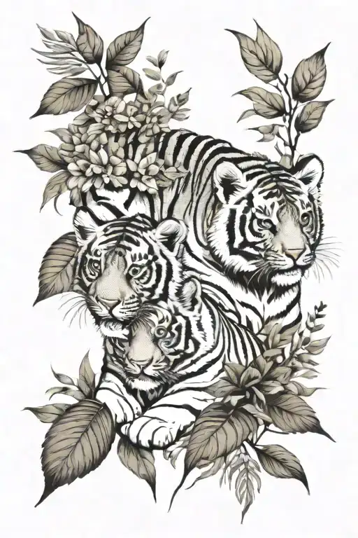 two tiger cubs surrounded by jungle background. leaves, flowers tattoo design idea