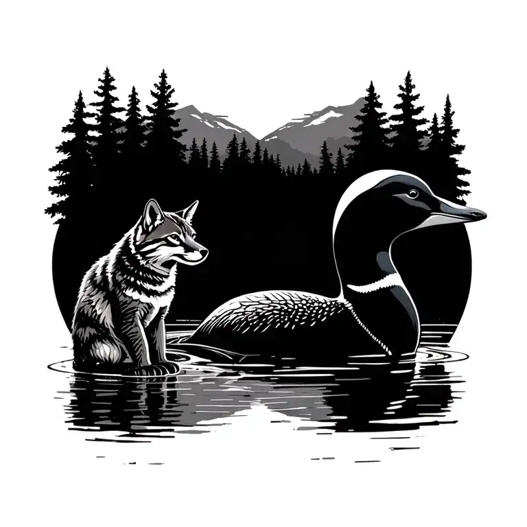 loon and a bobcat in the wilderness tattoo design idea