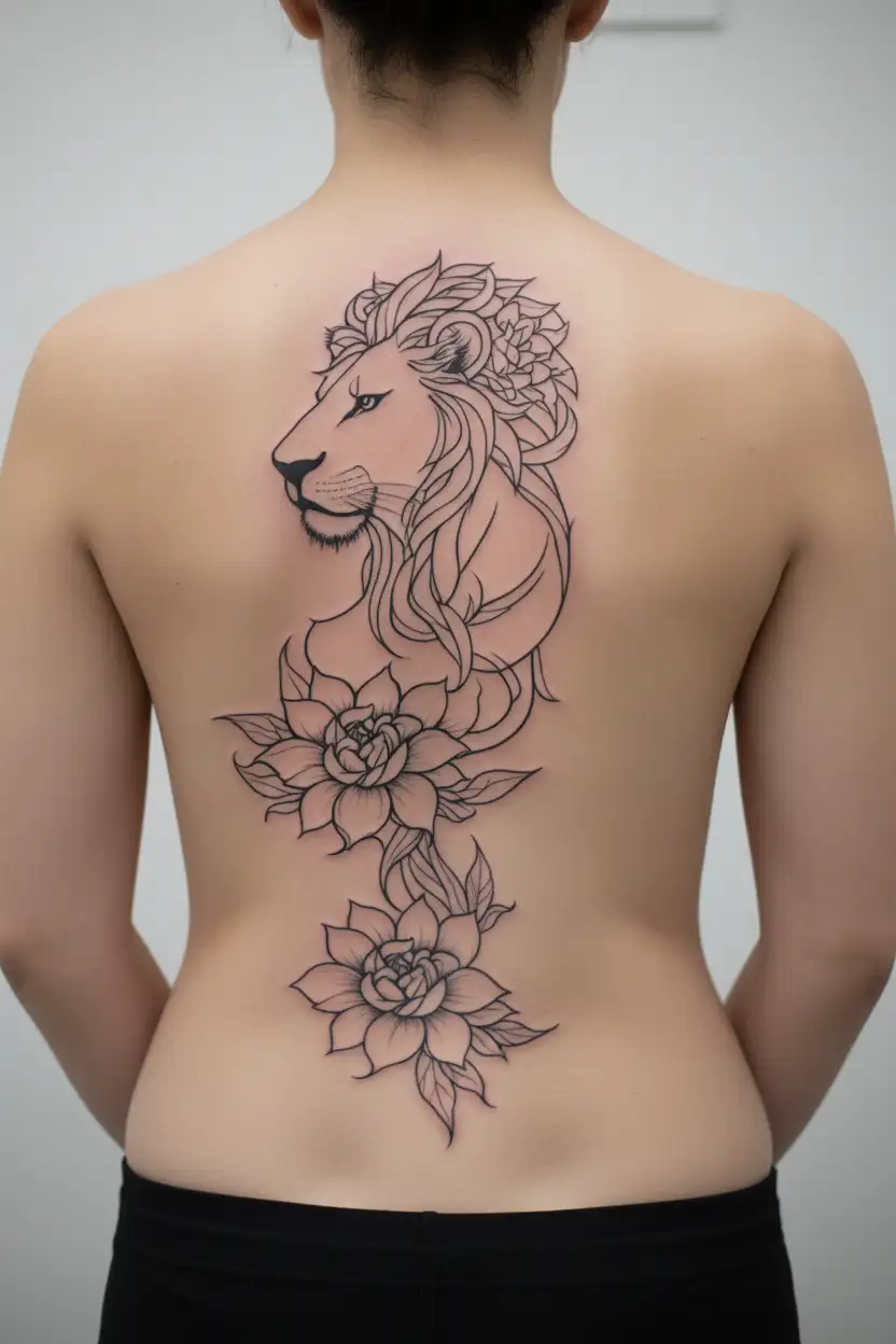 the lion’s head surrounded by symbols of Kali, like her garland of skulls, lotus flowers, or flames, minimalist  tattoo design idea