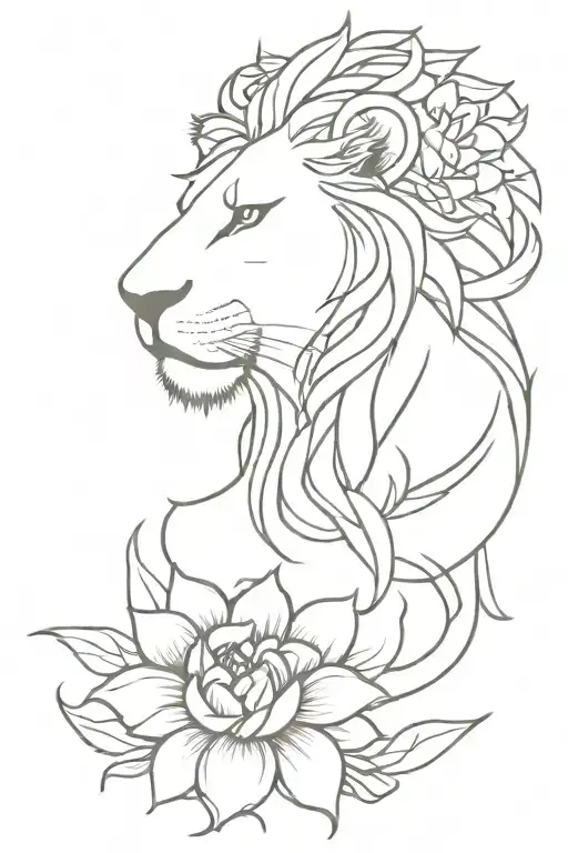 the lion’s head surrounded by symbols of Kali, like her garland of skulls, lotus flowers, or flames, minimalist  tattoo design idea