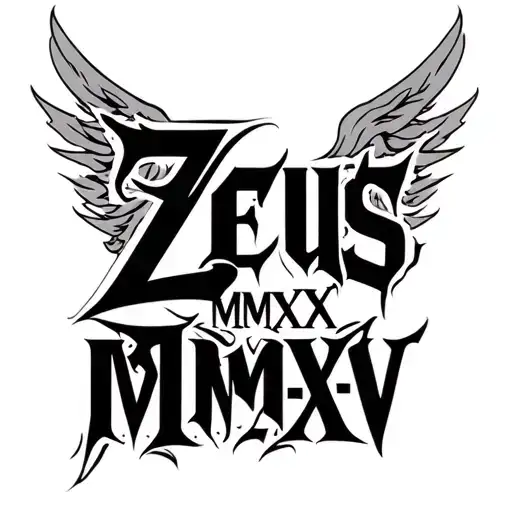 written on men's chest tattoo that says Zeus MMXX-MMXXV tattoo design idea