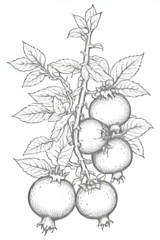 pomegranate branch tattoo, not bold, more elegant/dainty. No color, just black ink. tattoo design idea