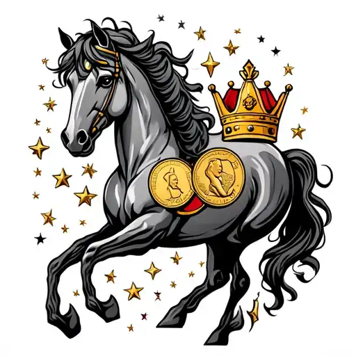 horse, stars, crown, victor, two pennies tattoo design idea