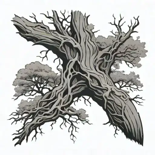 split tree half alive and half dead tree with creeping vines tattoo design idea