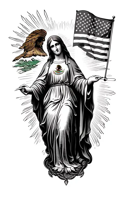 virgin Mary, Mexican flag on left shoulder, American flag on right shoulder tattoo design idea