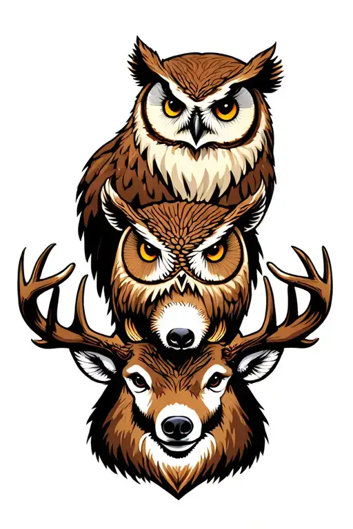 bear, owl and buck heads stacked tattoo design idea