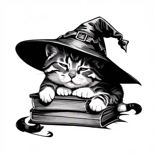 A black and white realistic tattoo design featuring a cute cat wearing a witch's hat, peacefully sleeping on a stack of  tattoo design idea