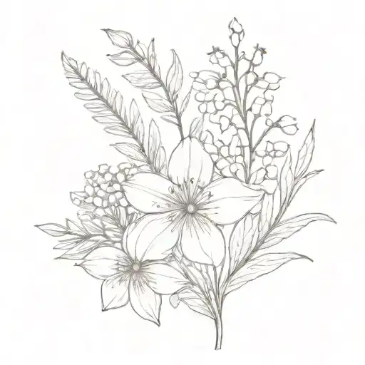 Larkspur, Lily of the Valley , Aster, Marigold, Sweet pea flower bouquet tattoo design idea