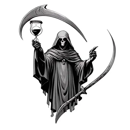 grim reaper holding an hourglass in left hand, scythe in right hand tattoo design idea