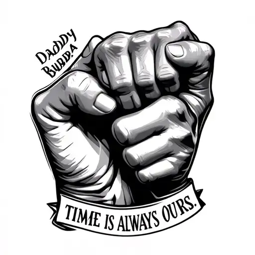 fathers hand and a baby’s hand fist bumping with ‘daddy bubba time is always ours’ written through it in line art please tattoo design idea