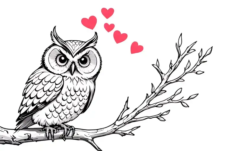 owl perched on a branch with 4 love hearts above it tattoo design idea