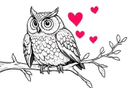 owl perched on a branch with 4 love hearts above it tattoo design idea