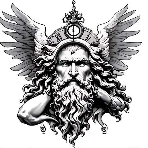 Zeus with clock in the background tattoo design idea