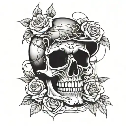 Chicano style skull with roses and barbed wire wrapped tattoo design idea