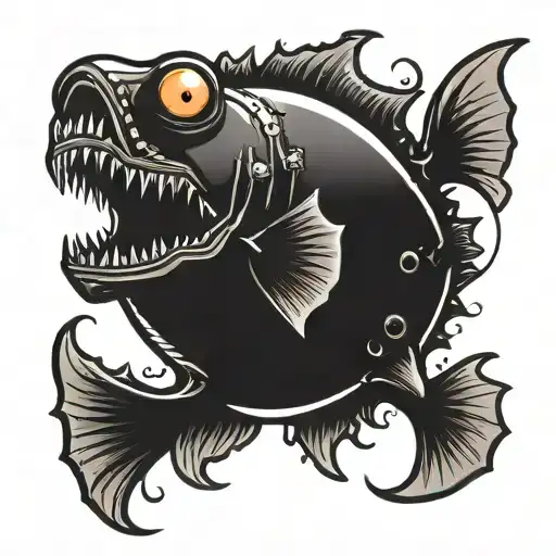 angler fish with pistons like crossbones floating tattoo design idea