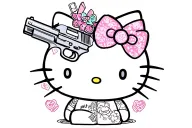 hello kitty with face tattoos and gun intertwined and drugs tattoo design idea