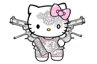 hello kitty with face tattoos and gun intertwined and drugs tattoo design idea