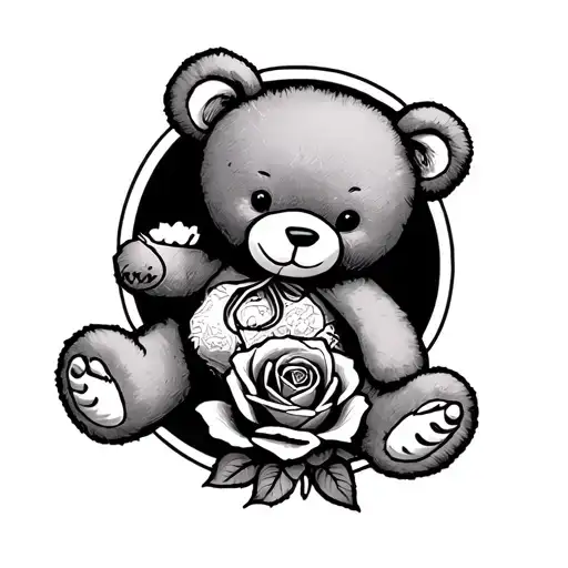 a teddy bear and a rose inside a cancer patch  tattoo design idea