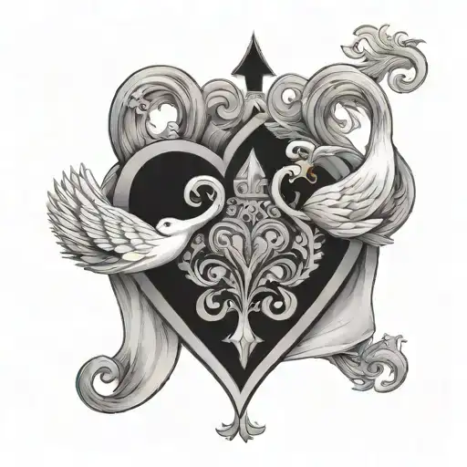 ace of spades and two swans inside heart tattoo design idea