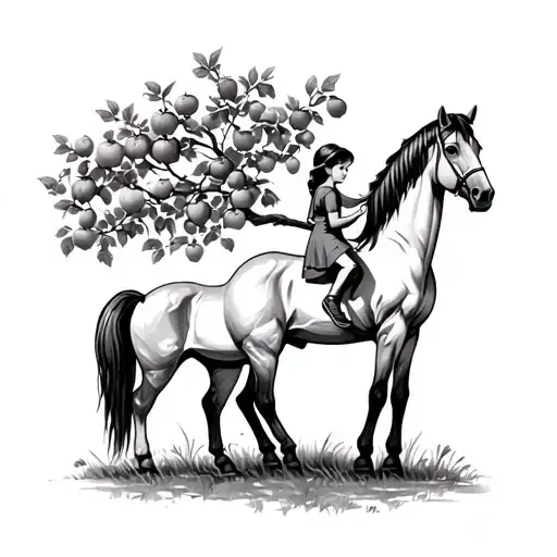A little girl climbing an apple tree with a horse next to it tattoo design idea