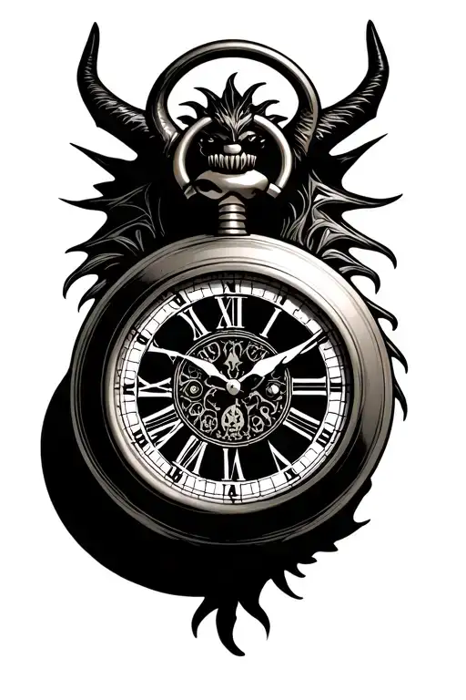 Pocket watch with the time 9:08, the name Sabrina Ross , the date November 1, 2924 and a demon fa tattoo design idea