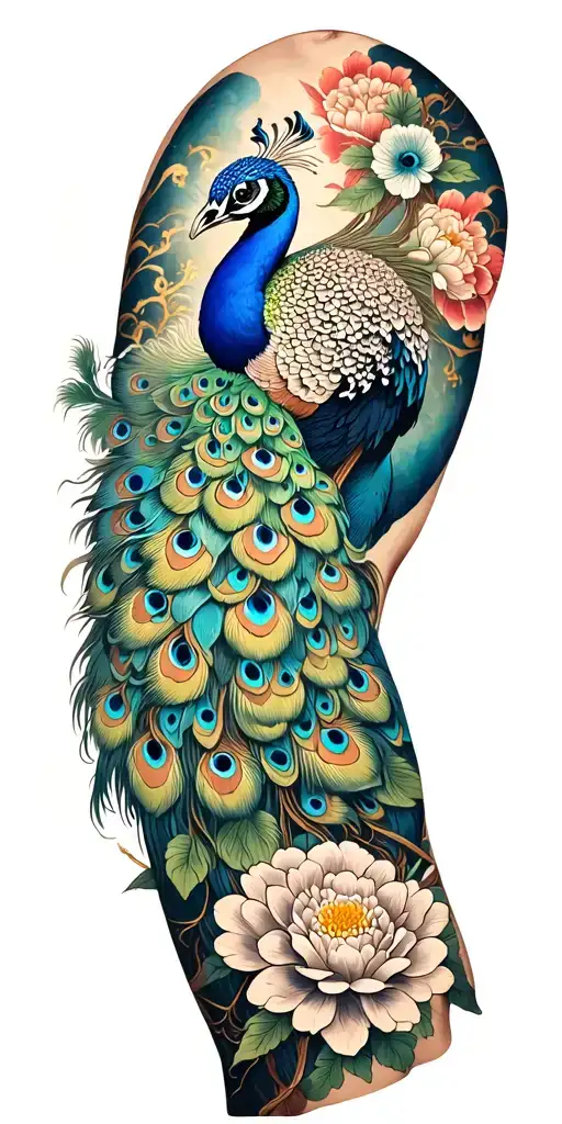 male peacock and chrysanthemum flowers japanese style around the arm tattoo design idea