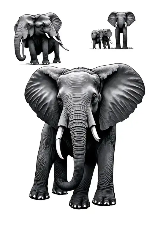 2 large elephants and 3 small elephants tattoo design idea