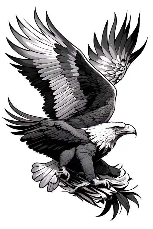 Full sleeve tattoo design, black and grey realistic style.A powerful eagle at the top of the arm with open wings, very  tattoo design idea